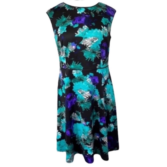 London Times Floral Midi Dress Knit Black Turquoise Green Blue Purple A Line 14W - Picture 1 of 17